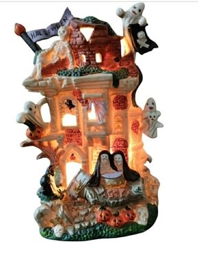 Vintage Spooky Hollow Porcelain Lighted Halloween Haunted House